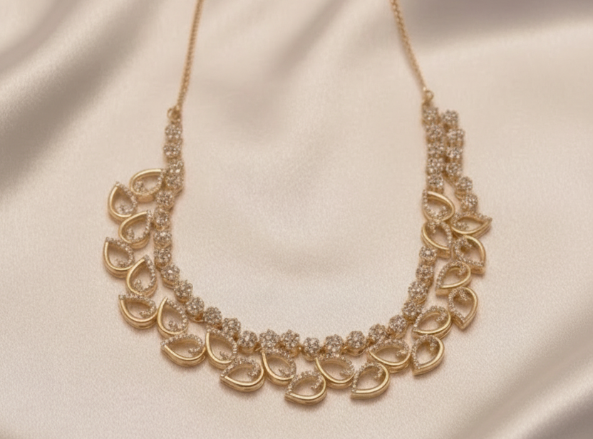 Gold-Plated Teardrop and Floral Cluster Zircon Necklace Set with Earrings
