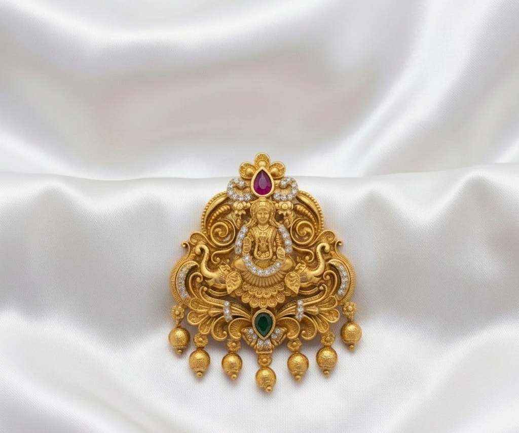 Antique Lakshmi Pendant & Earrings Set with Ruby and Emerald Stones
