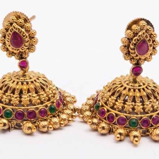 Gold-Plated Antique Small Paisley Stud Multi-Color Stone Jhumkas