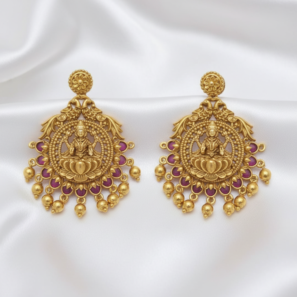 Gold-Plated Goddess Lakshmi Temple Design Antique Earrings with Rubies