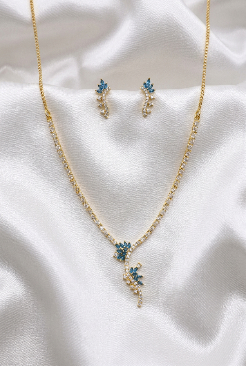 Gold-Plated Blue and White Zircon Stone Asymmetric Floral Vine Necklace with Earrings