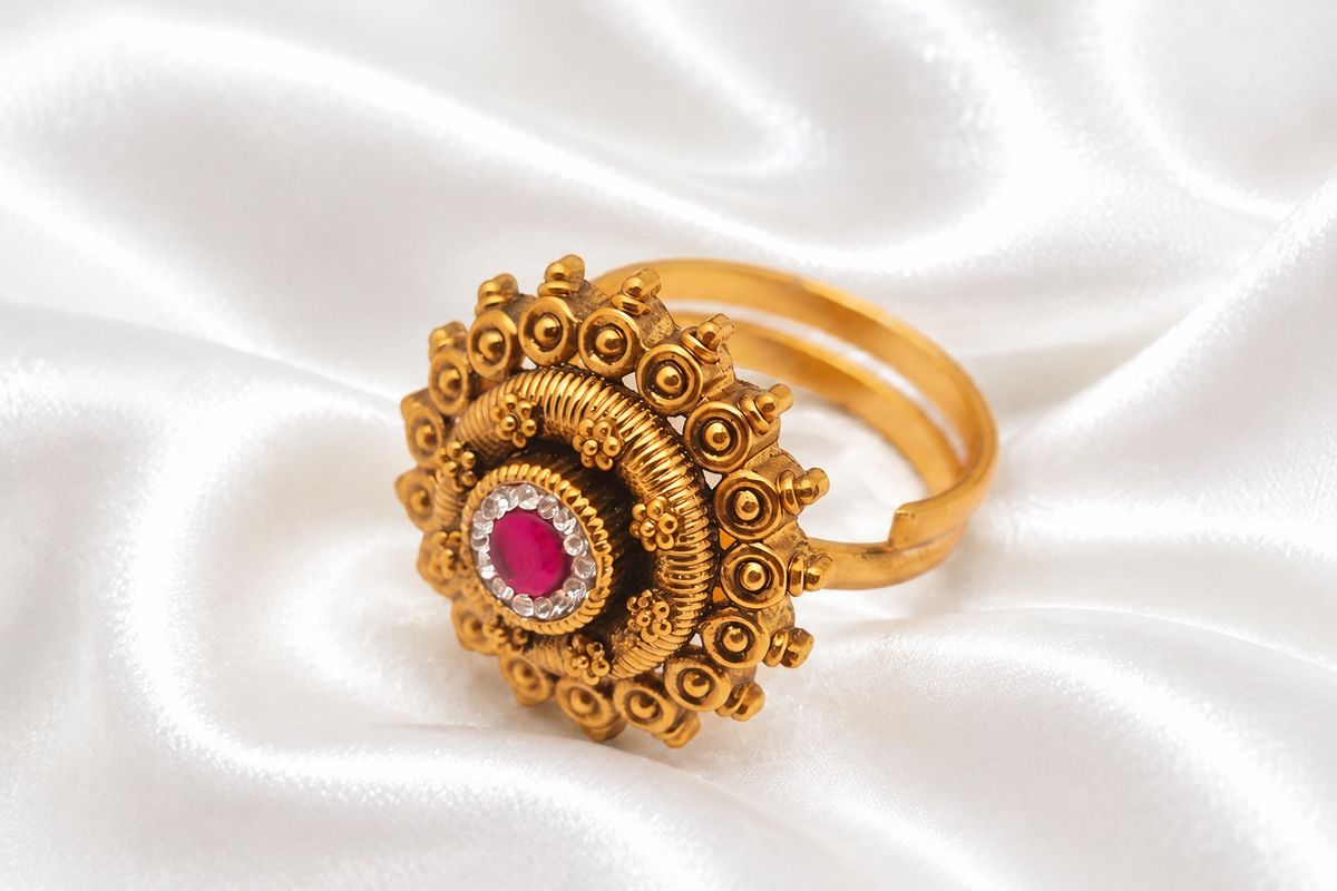 Matte Gold Sunburst Design CZ and Ruby Stone Statement Ring