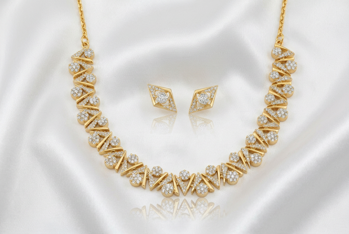 Rose Gold-Plated Geometric Zircon Stone Necklace with Earrings Set