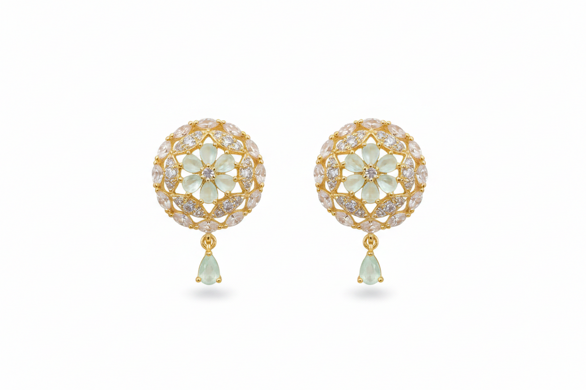 Gold-Plated CZ Mint Green Dome Design Mugappu Set with Earrings