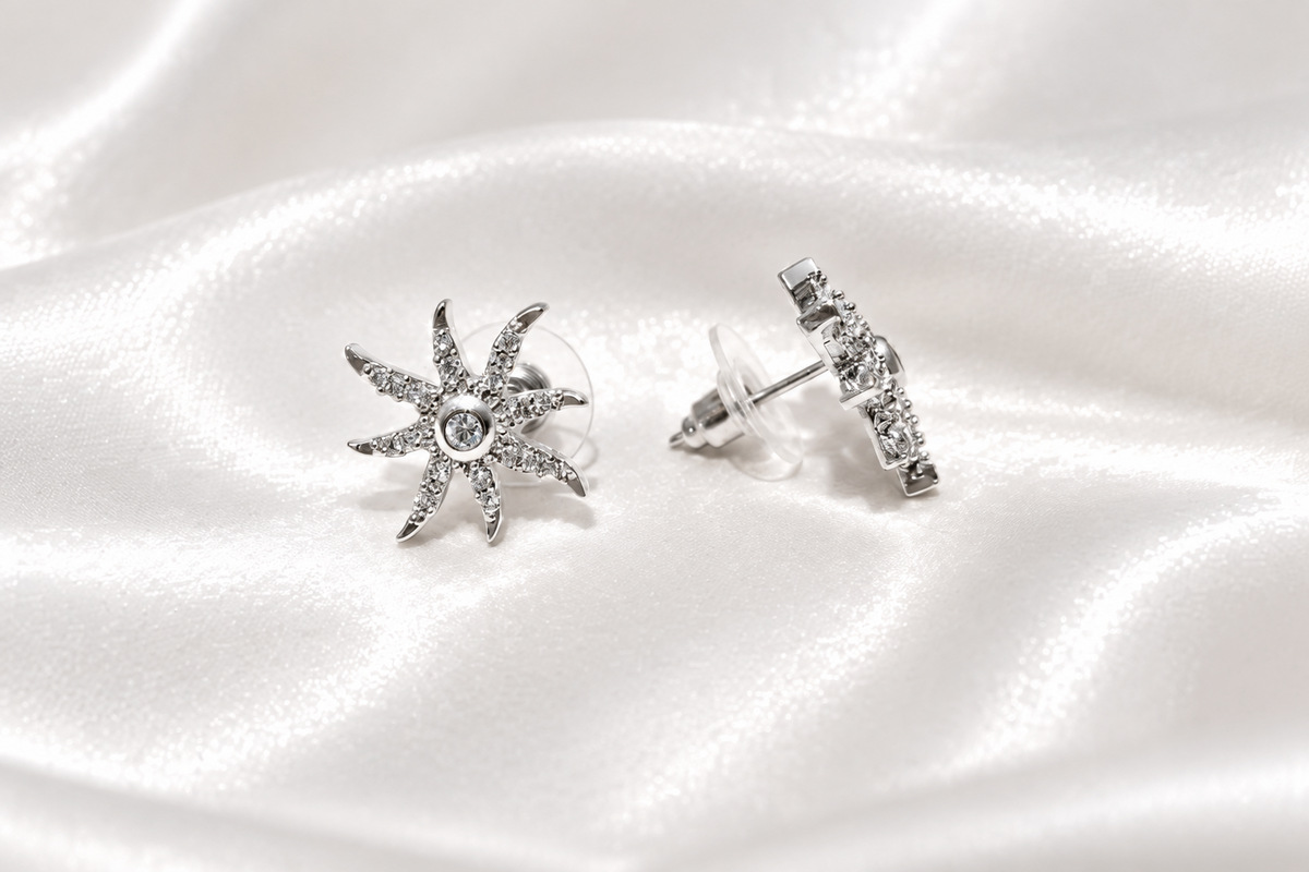 Rhodium Plated Sunburst Zircon Stud Earrings