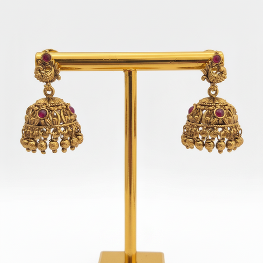 Gold-Plated Antique Peacock Motif Jhumkas with Ruby Stones