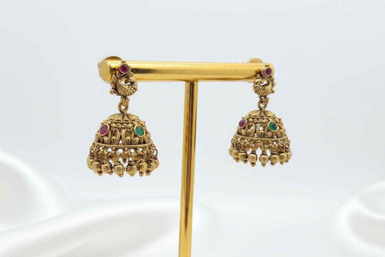 Gold-Plated Antique Peacock Motif Jhumkas with Multi-Color Stones