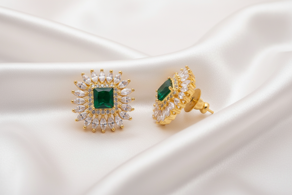Gold-Plated Emerald Green Square Zircon Sunburst Stud Earrings