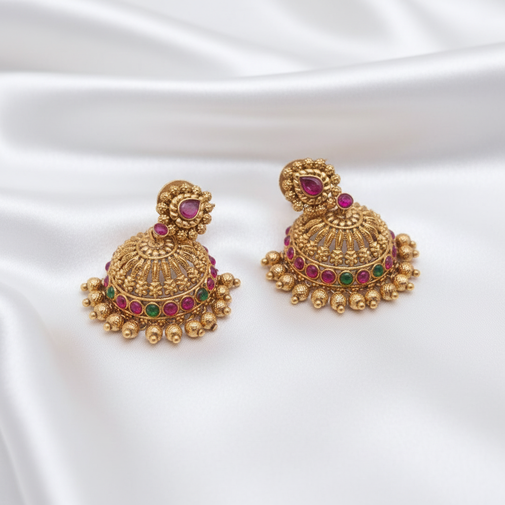 Gold Antique Small Mango Multi-Stone Jhumkas