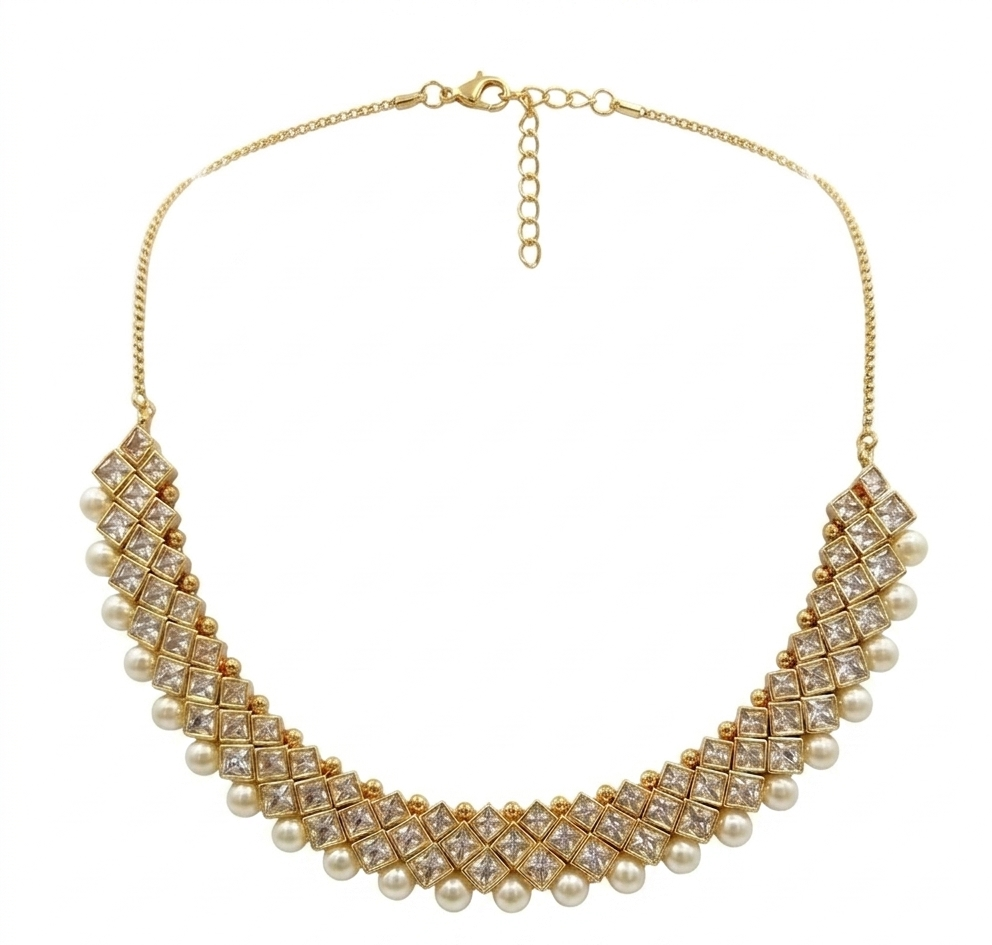 Silver Pearl and Zircon Stone Necklace Set