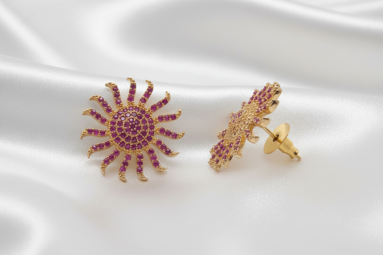 Traditional Gold Plated Sunburst Pattern Pink Stone Stud Earrings