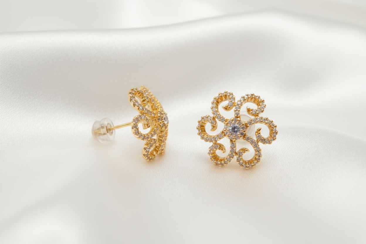 Traditional Multi Petal Flower Design Crystal Studded Festive Earrings