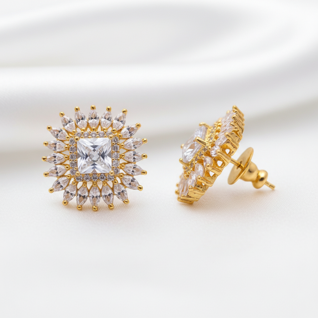 Traditional Gold Plated Starburst Framing Square Zircon Stud Earrings
