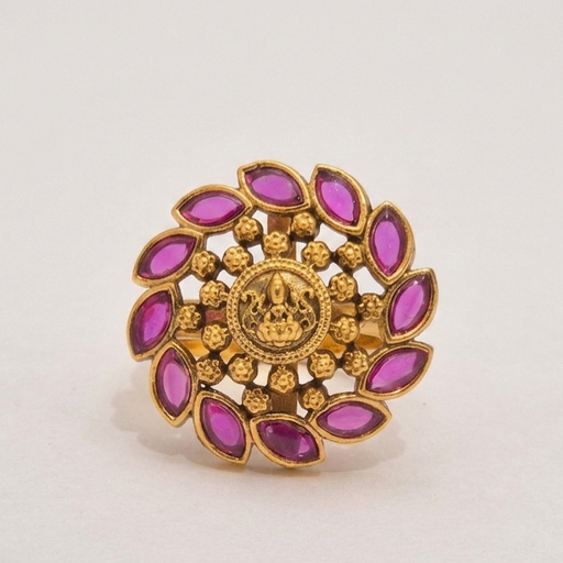 Traditional Temple Design Floral Cluster Ruby Finger Ring