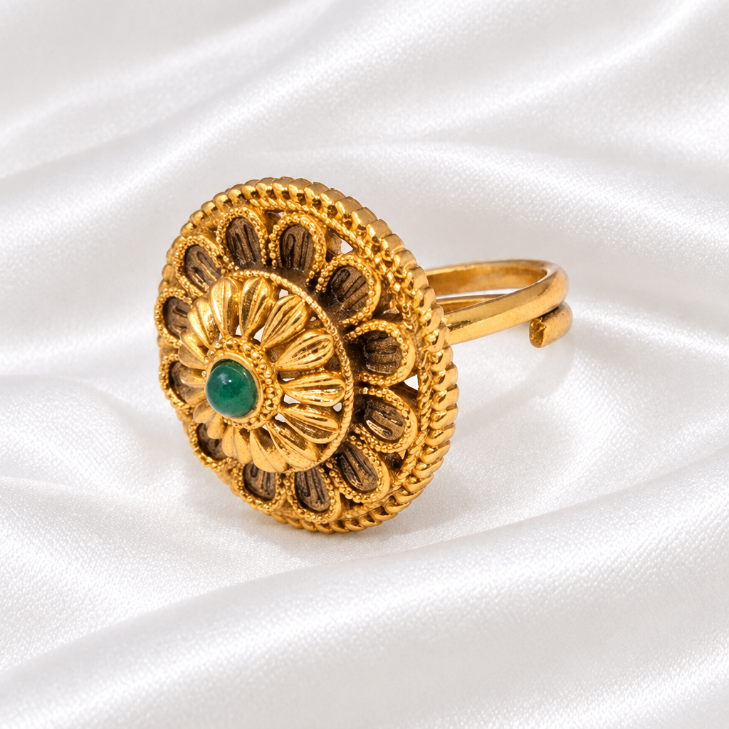 Antique Gold Tone Floral Statement Ring with Green Center Stone