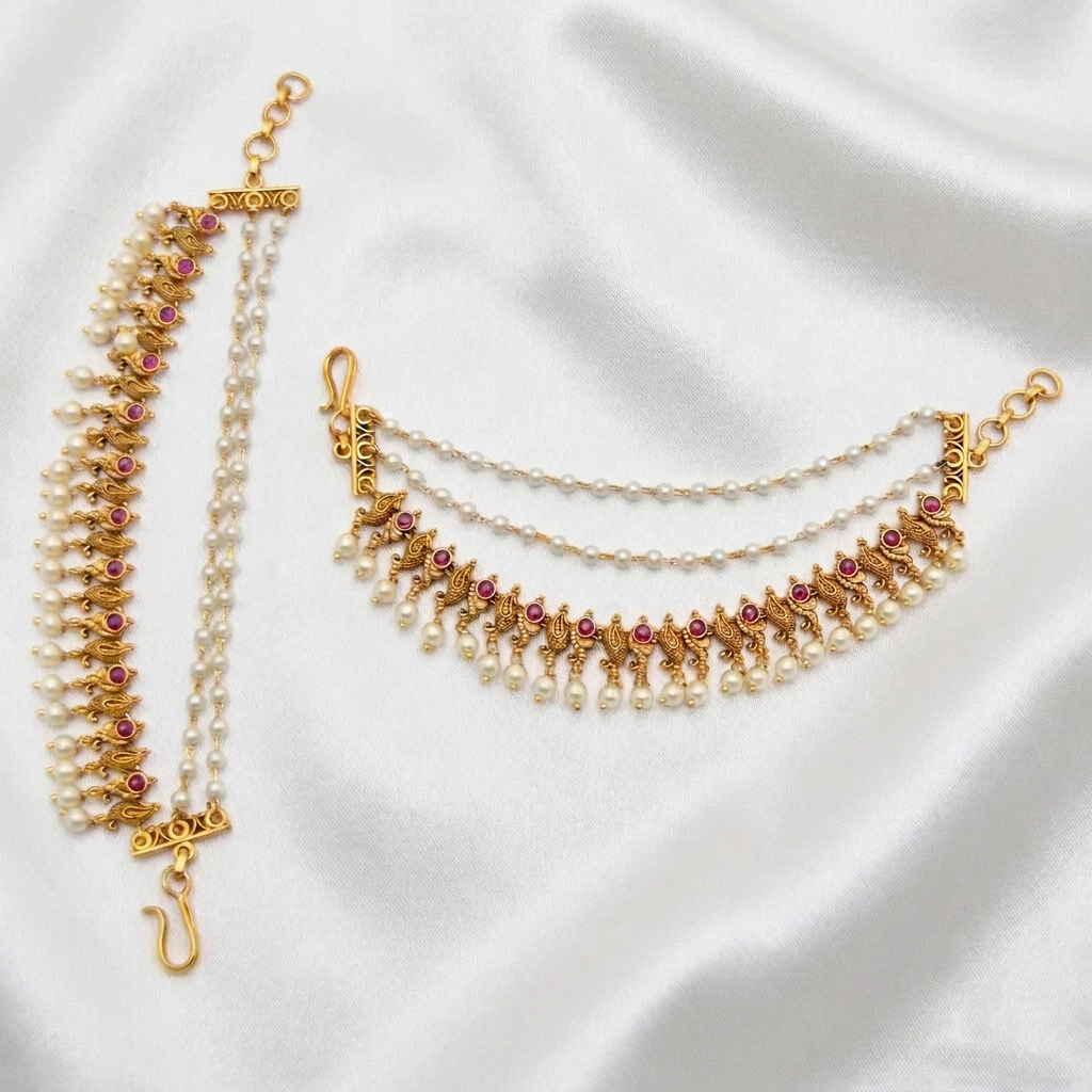 Antique Gold Tone Multi-Strand Pearl Matils with Ruby and Peacock