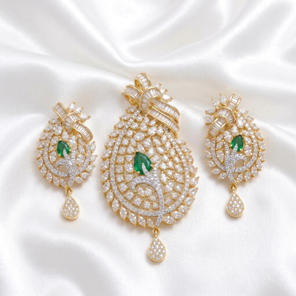 Luxurious Emerald Green & White CZ Statement Pendant with Earrings | Indo-Western Festive Wear Jewelry Set