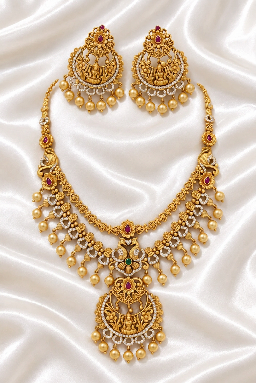 Antique Gold Plated Guttapusalu Temple Necklace Set With Drop Jhumkas