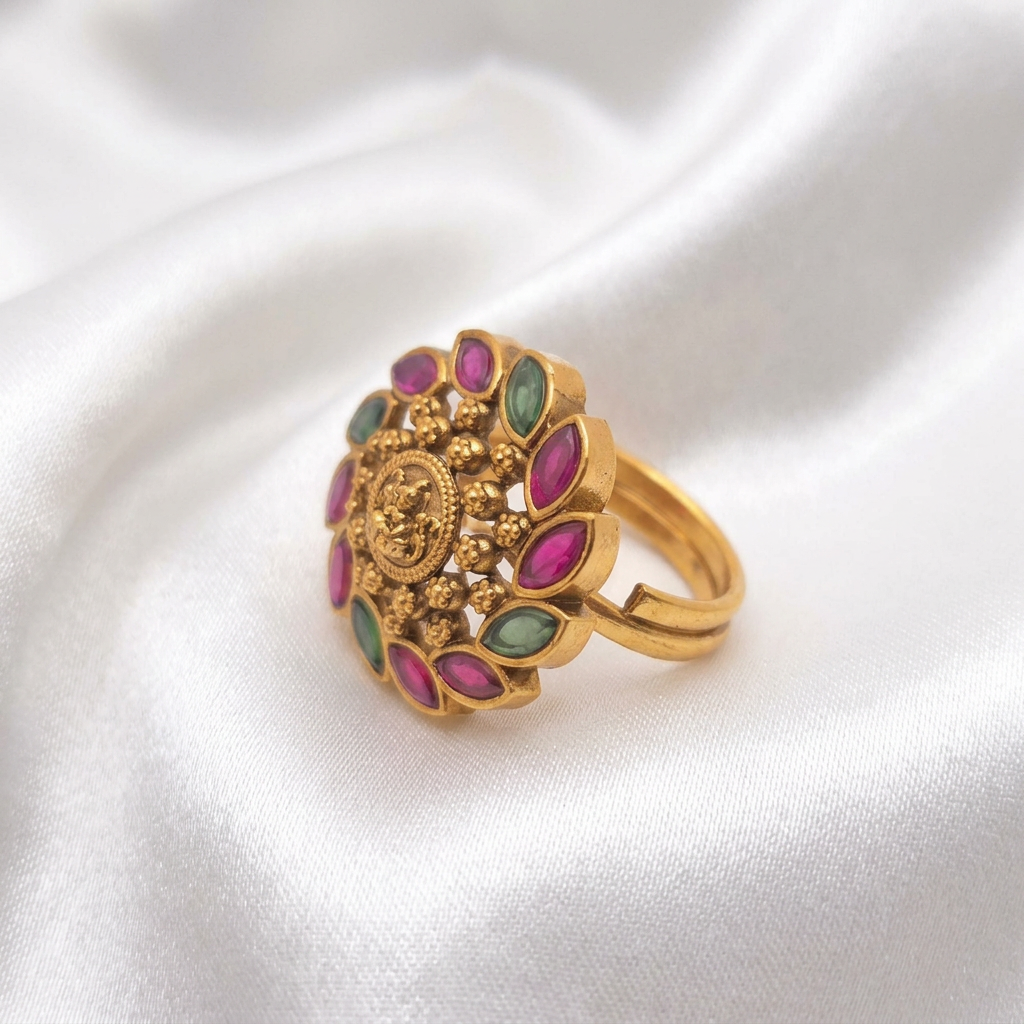 Gold-Plated Traditional Temple Floral Multi-Color Stone Adjustable Ring