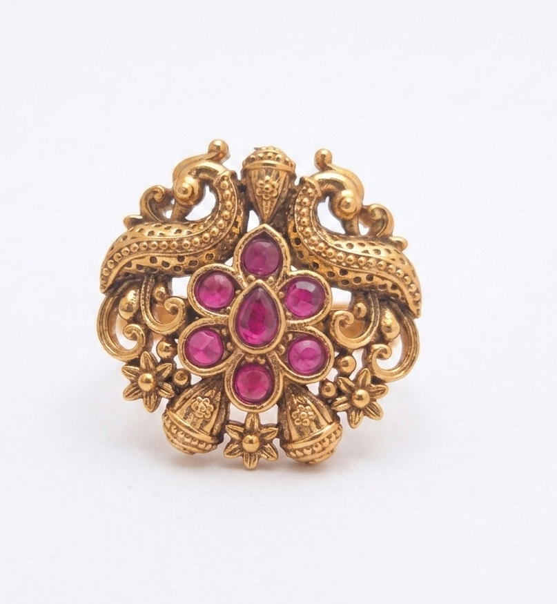 Gold-Plated Traditional Temple Peacock Motif Ruby Stone Adjustable Ring