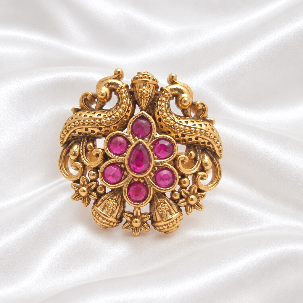 Gold-Plated Traditional Temple Peacock Motif Ruby Stone Adjustable Ring