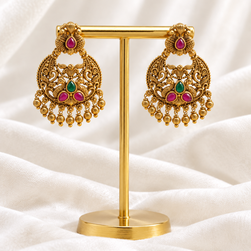 Gold-Plated Antique Peacock Chandbali Earrings with Multi-Color Stones