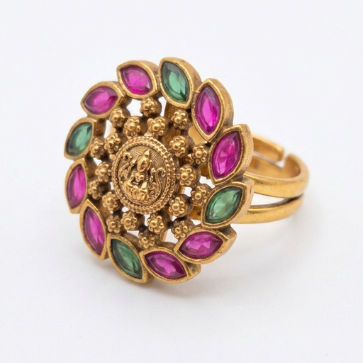 Gold-Plated Traditional Temple Floral Multi-Color Stone Adjustable Ring