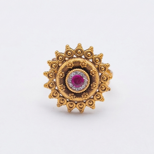 Matte Gold Sunburst Design CZ and Ruby Stone Statement Ring