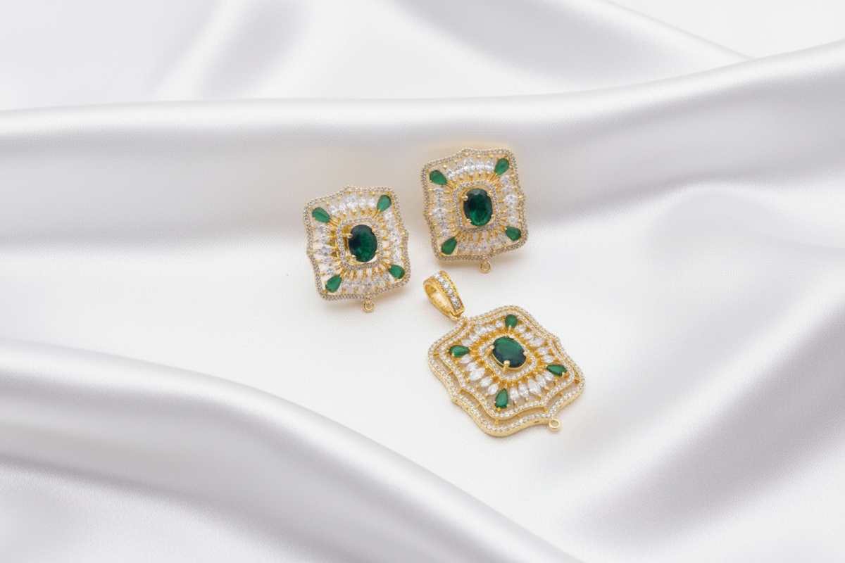 Gold-Plated Rectangular Emerald Green and White Zircon Stone Pendant Set
