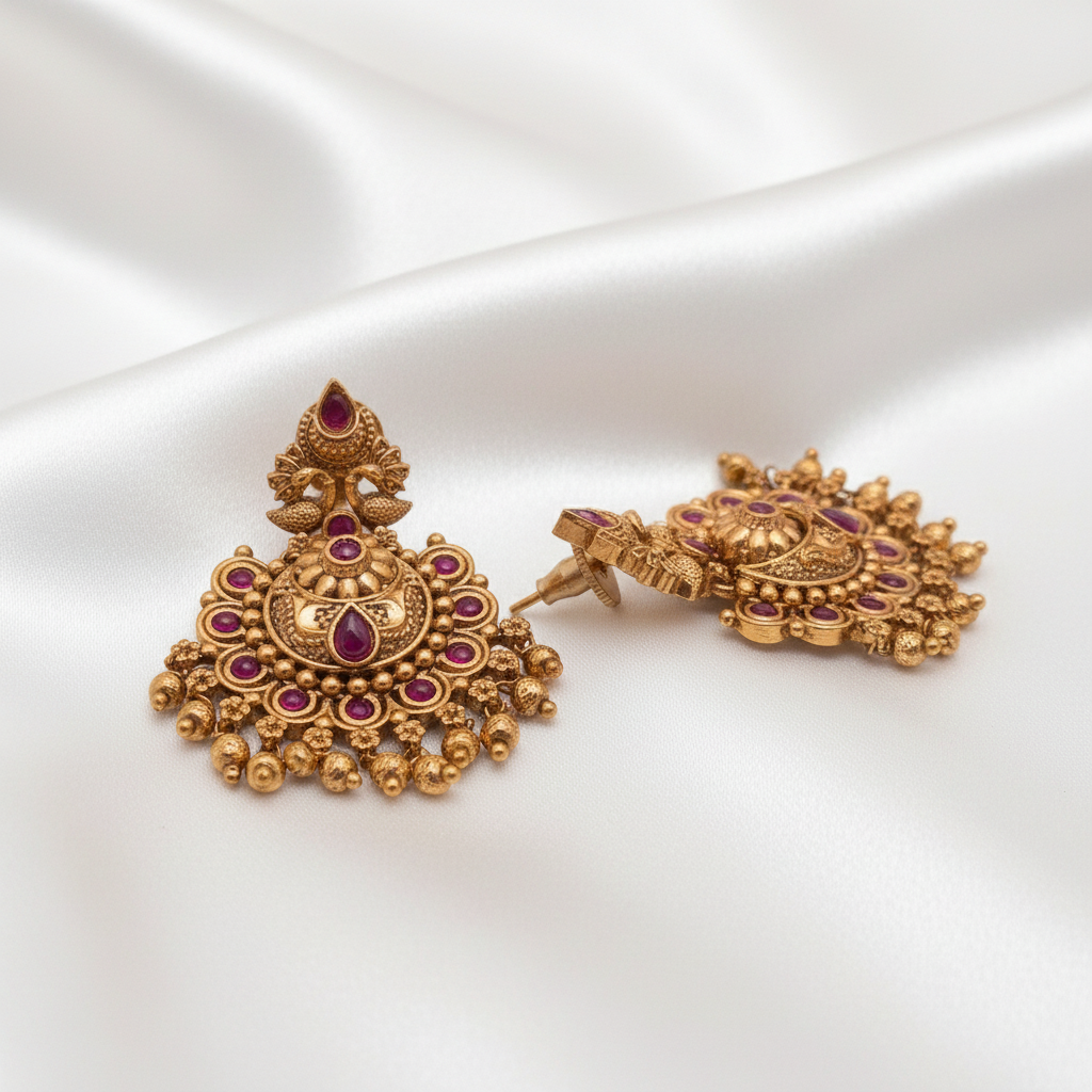 Gold-Plated Antique Peacock Chandbali Earrings with Ruby Stones
