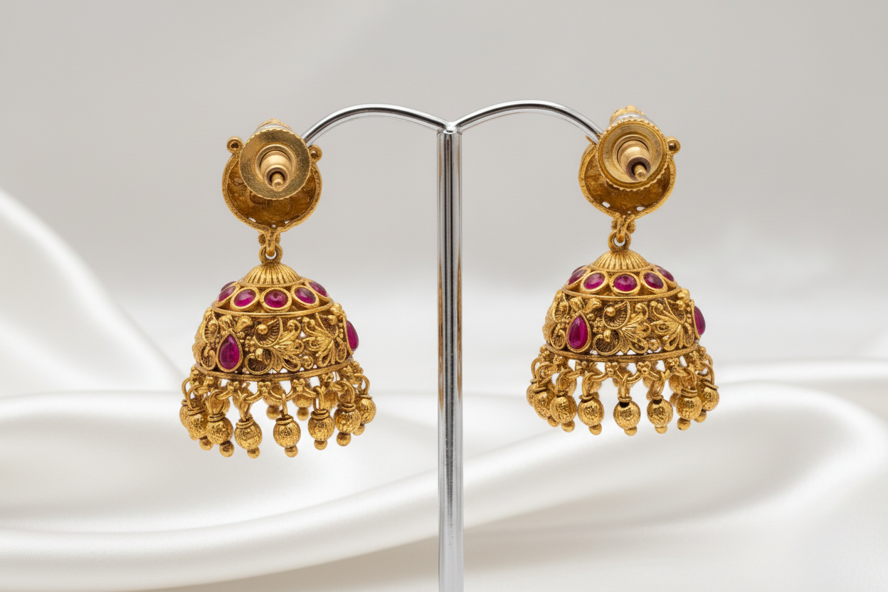 Antique Gold Tone Lakshmi Jhumka Earrings with Hanging Drops