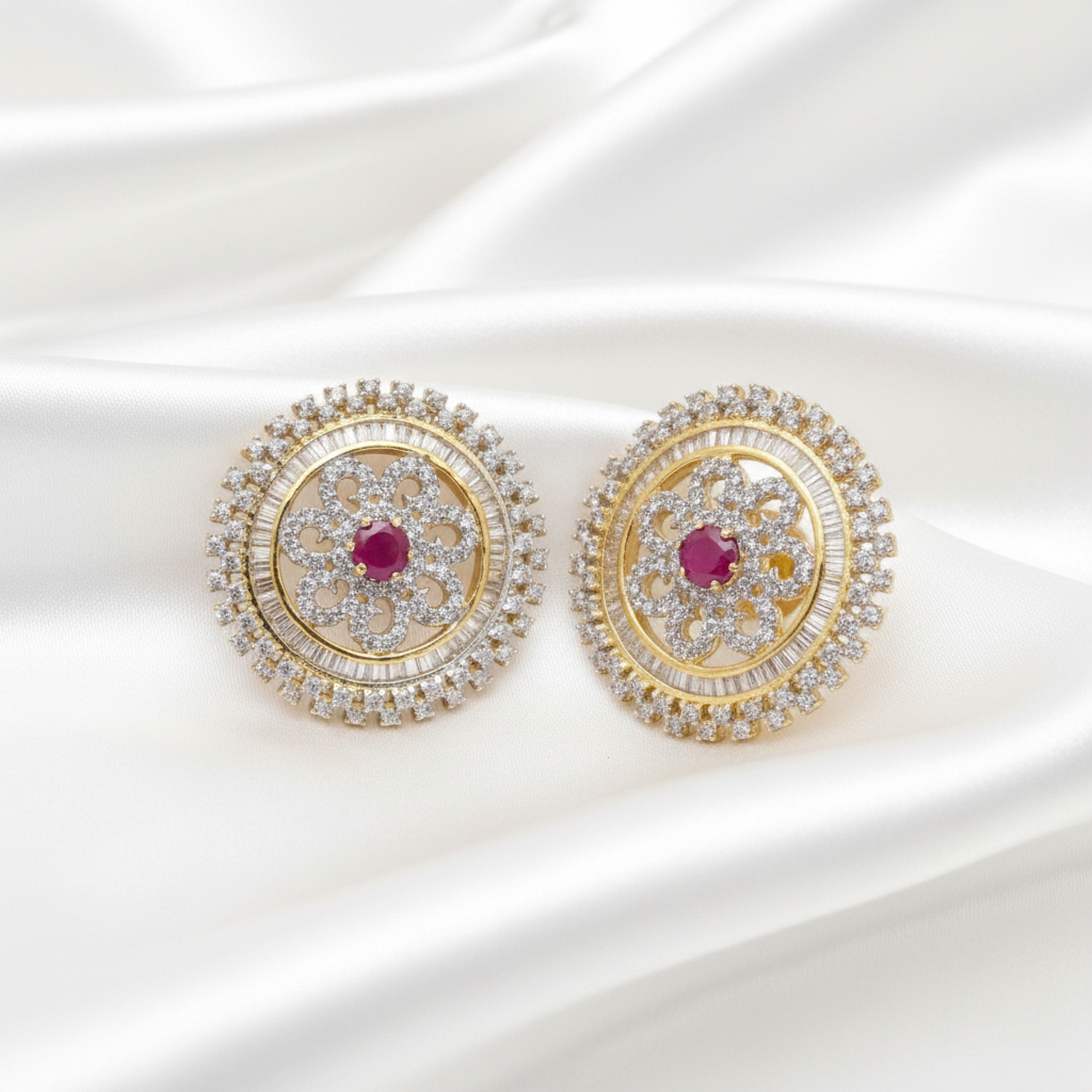 Gold-Plated Circular Pave Zircon and Baguette Halo Ruby Center Studs