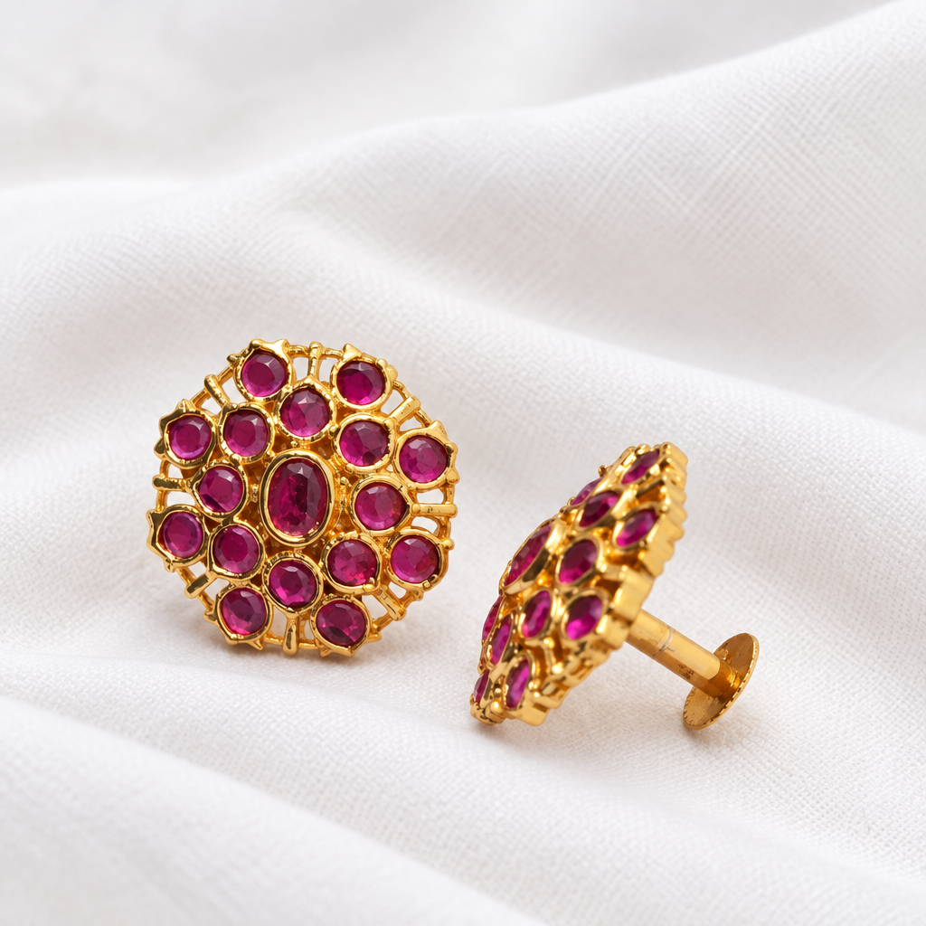 Gold Plated Ruby Pink Stone Floral Cluster Stud Earrings