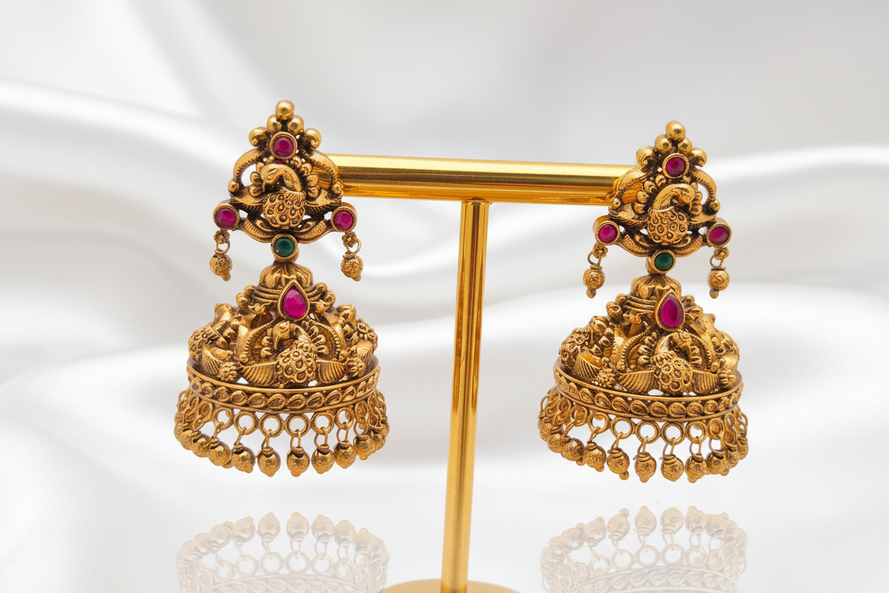 Gold-Plated Antique Double Peacock Motif Multi-Color Stone Jhumkas
