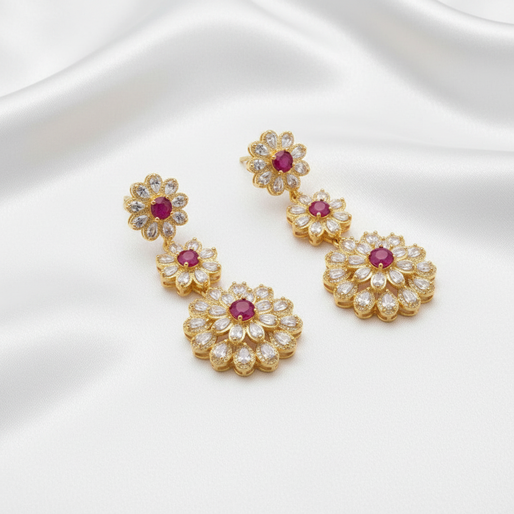 Traditional Ethnic Tiered Ruby Zircon Party Wear Dangle Earrings