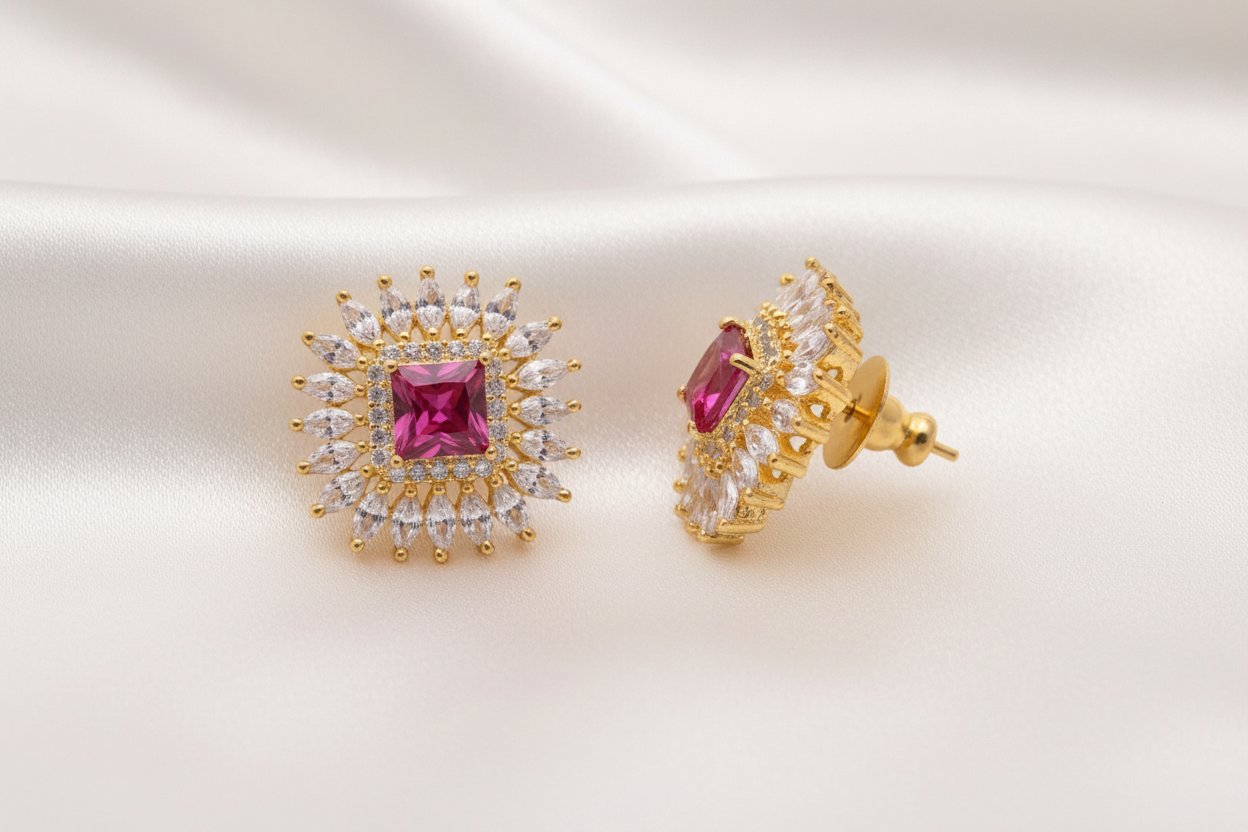 Gold Tone Square-Cut Pink Ruby Zircon Sunburst Statement Stud Earrings