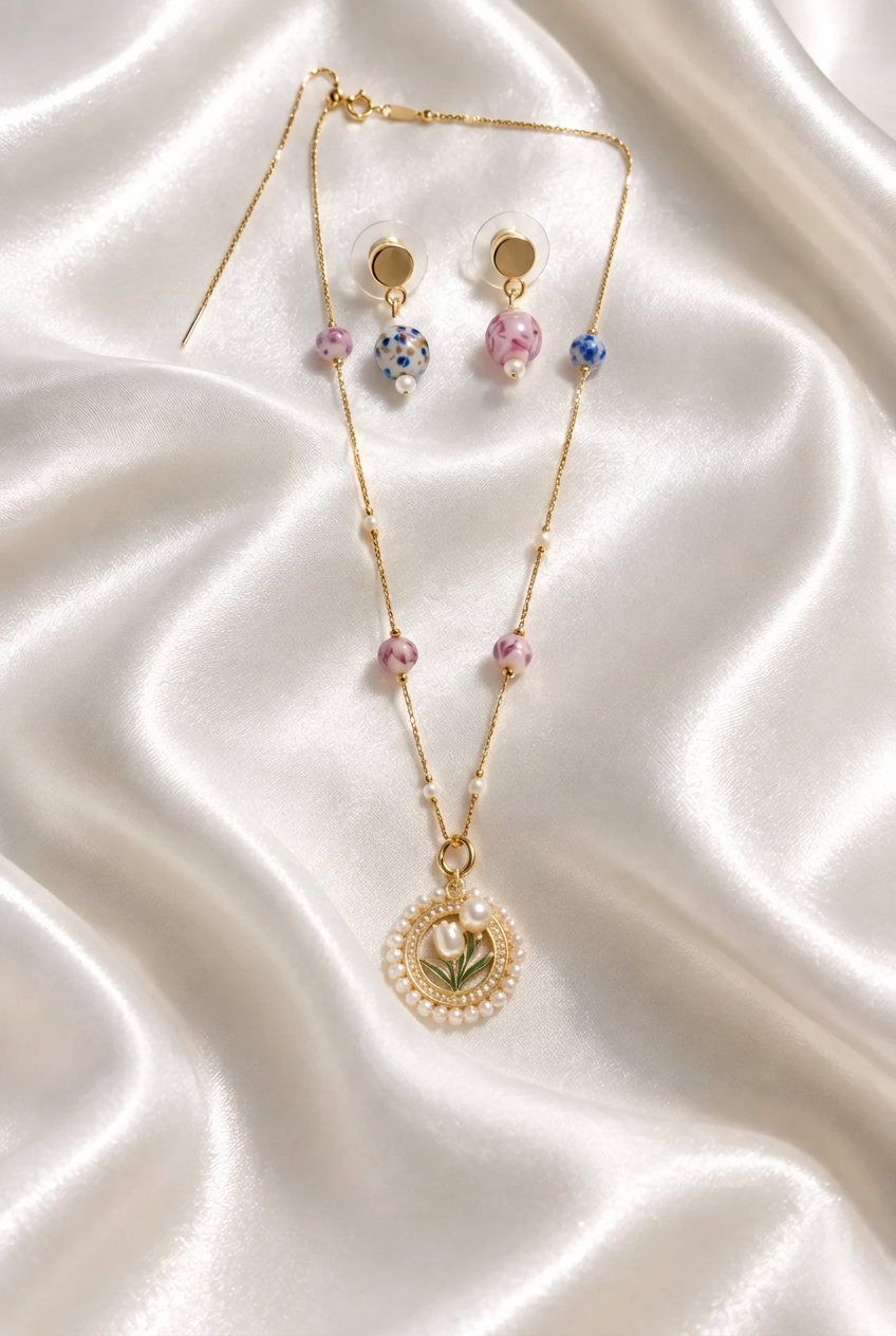 Vintage Enamel Tulip Medallion Necklace & Floral Glass Bead Earring Set