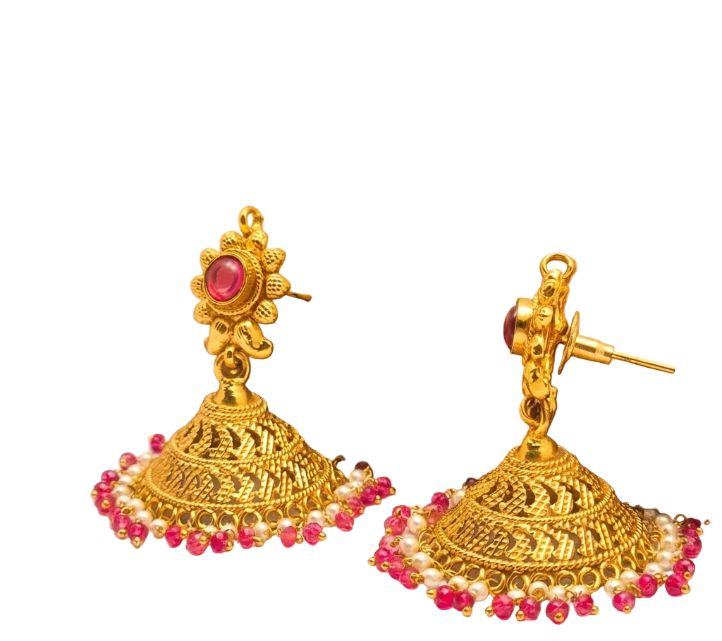 Gold-Plated Antique Jhumkas with Ruby Stones and Pink/White Beads