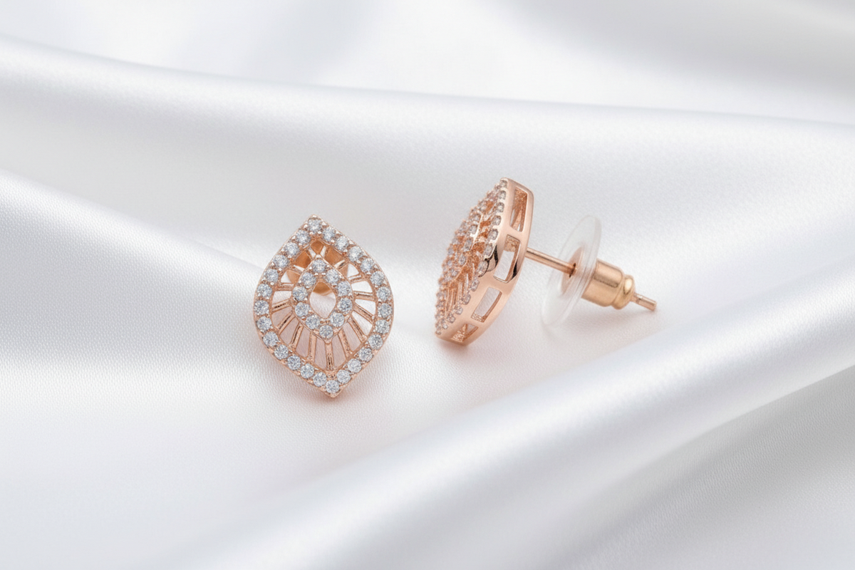 Rose Gold-Plated Marquise Leaf-Shaped Pave Zircon Stud Earrings
