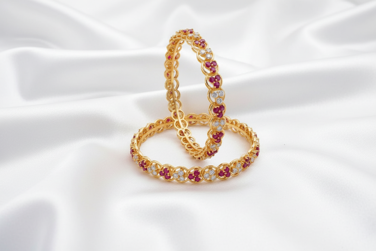 Gold Plated Ruby & White Stone Designer Bangle Set – Elegant Traditional Indian Jewelry