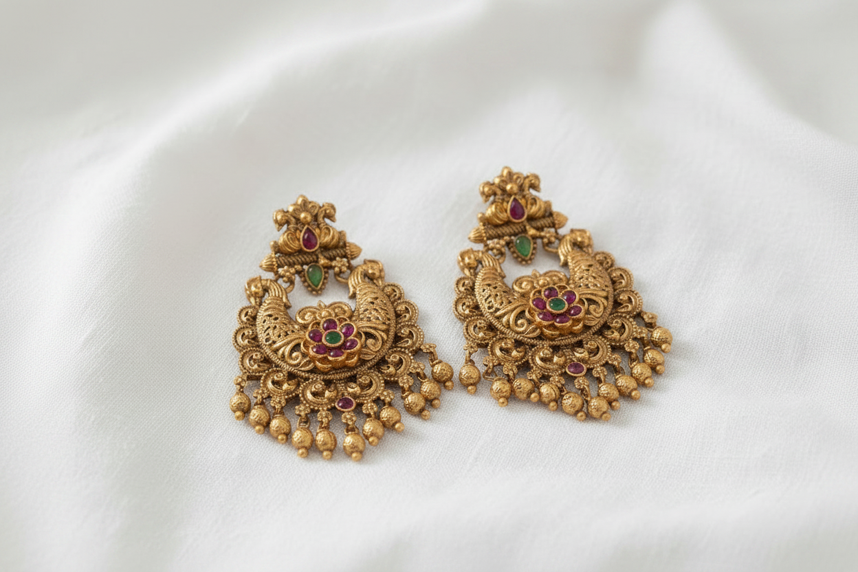 Gold-Plated Antique Peacock Chandbali Earrings with Multi-Color Stones