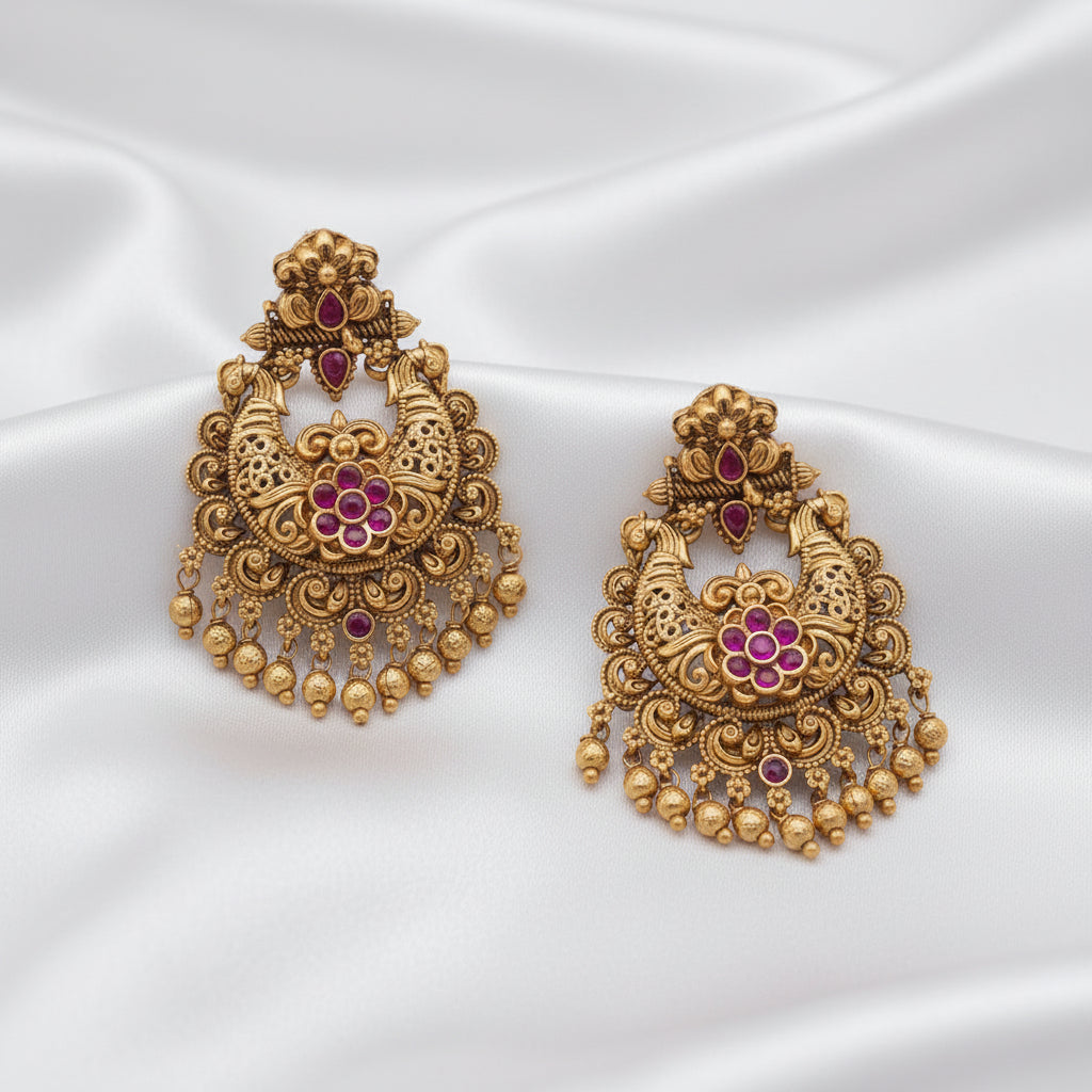 Traditional Temple Peacock Motif Ruby Chandbali