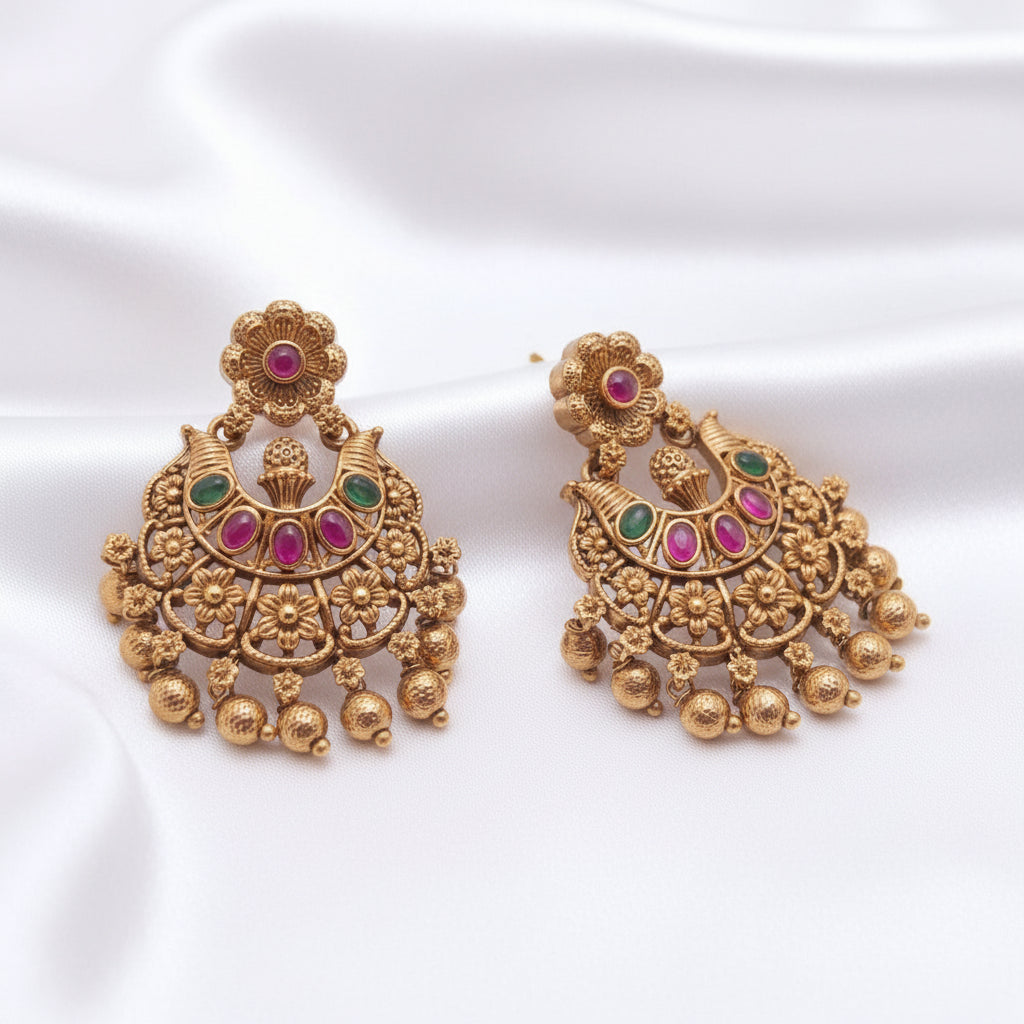 Gold-Plated Antique Floral Stud Chandbali Earrings with Multi-Color Stones