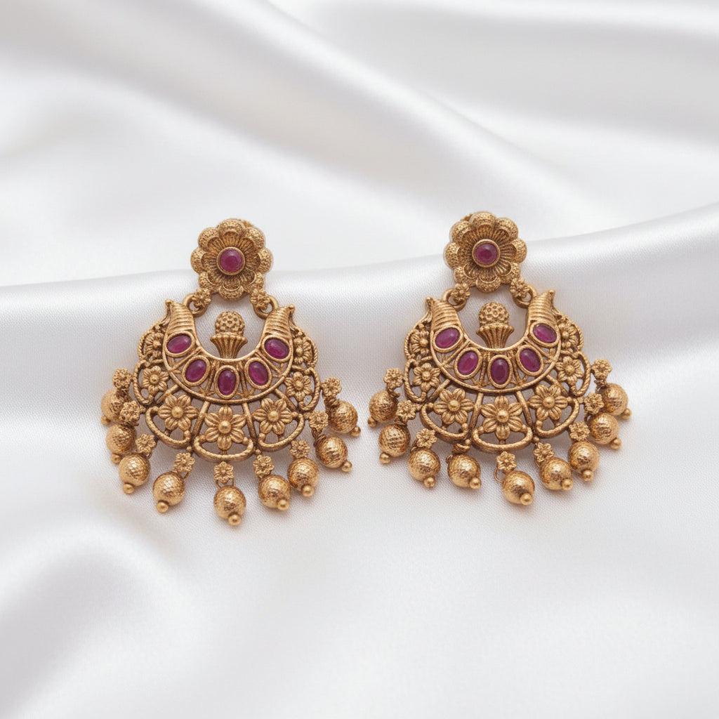 Gold-Plated Antique Floral Stud Chandbali Earrings with Ruby Stones