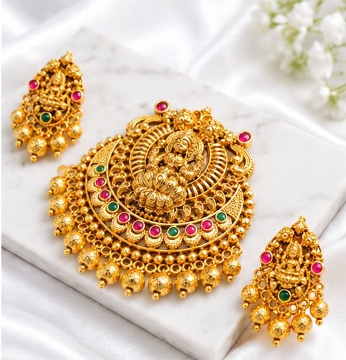 Traditional Antique Gold Lakshmi Pendant Set with Ruby Pink Stones – Temple Jewellery