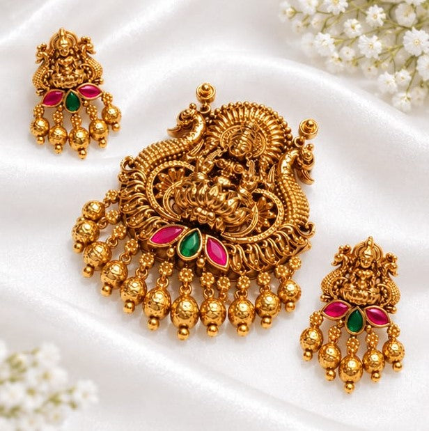 Antique Gold Plated Goddess Lakshmi Temple Pendant Set with Peacock Motifs & Ruby-Emerald Stones