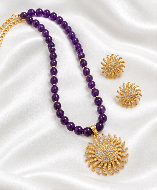 Purple Beaded Necklace Set with Gold-Tone Sunburst Pendant and Matching Stud Earrings