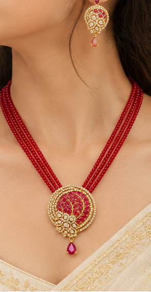 Ruby Beaded Kundan Necklace Set with Matching Ruby Stone Earrings – Gold Finish Traditional Jewellery