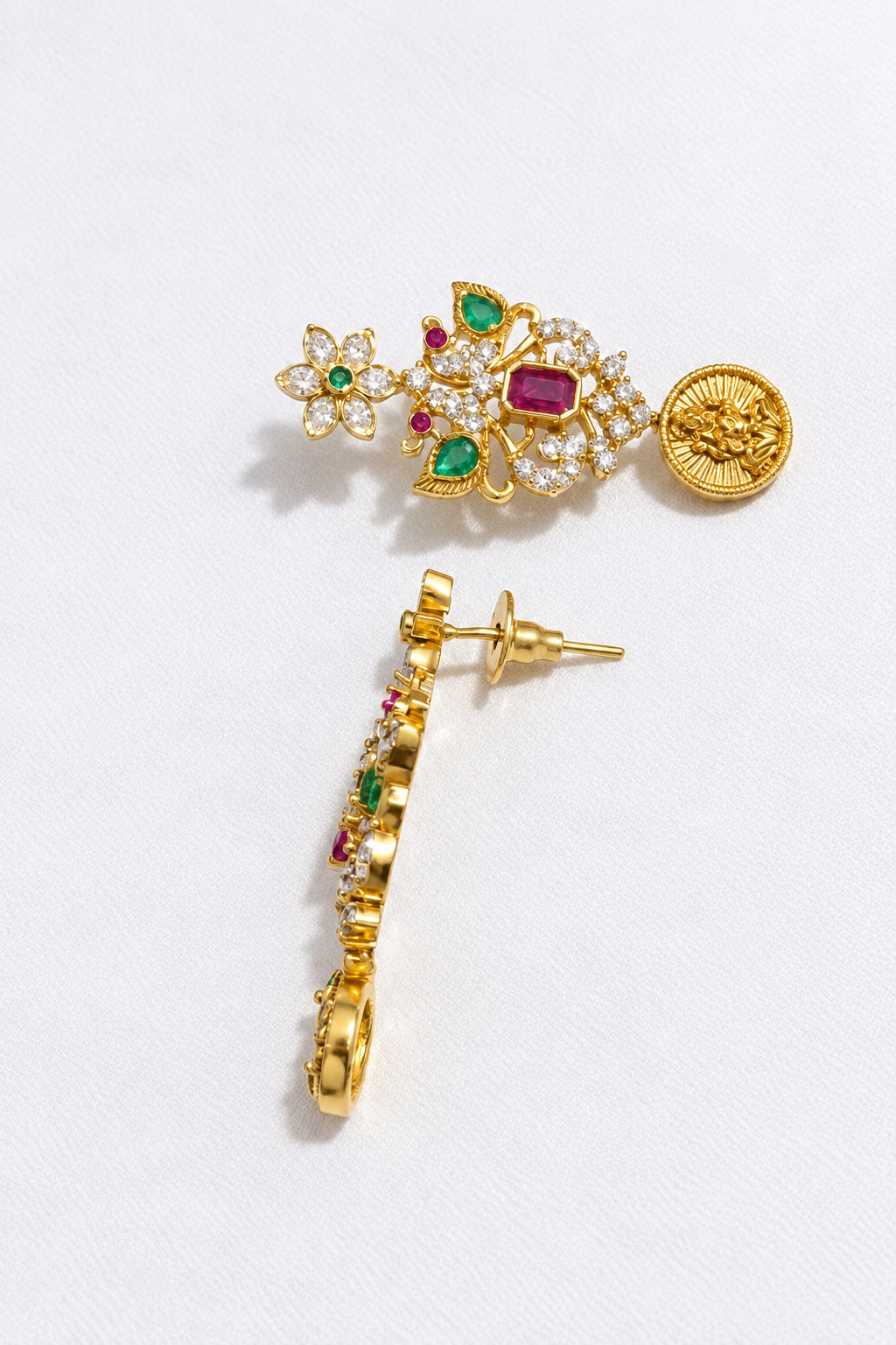 Gold-Plated Goddess Lakshmi Coin and Peacock Antique Dangle Earrings