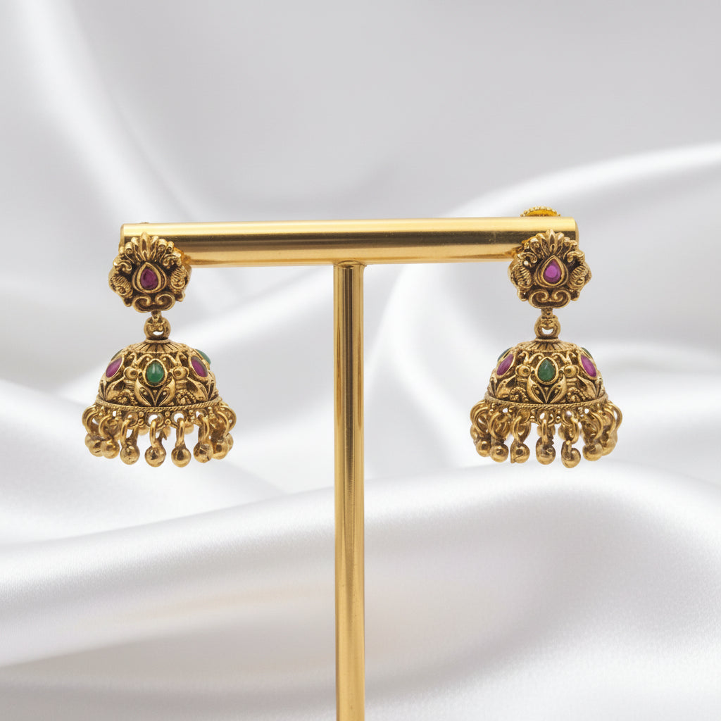 Gold-Plated Antique Small Paisley Stud Multi-Color Stone Jhumkas